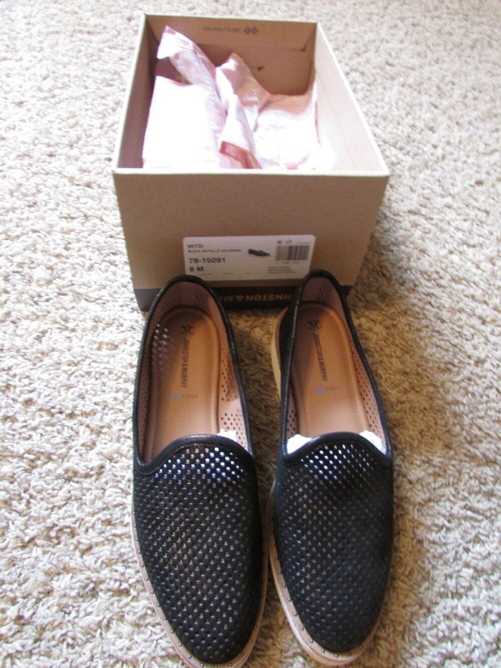 Johnston & Murphy MITZI 8 Black Perforated Suede Leather Slip-On Tru Foam Loafer